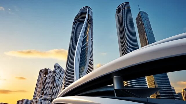 Futuristic skyline featuring sleek skyscrapers under a vibrant sunset with dynamic architecture