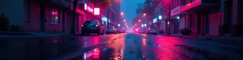 Obraz premium Dark street, neon reflections on wet asphalt, smoke , smoke, asphalt, light
