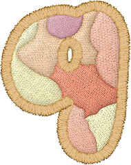 A Textile art features patchwork letter lowercase q with embroidery, showcasing vibrant colors and textures