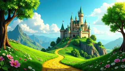 Naklejka premium Emerald castle, yellow brick road winding through fantastical landscape, fairytale castle, yellow, bright