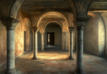 Obraz premium Ancient Stone Chamber With Ornate Columns And Arches