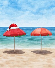 Beach holiday scene with two red umbrellas, one with a Santa hat, under a blue sky.