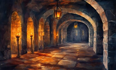 Ancient Stone Corridor Illuminated by Candlelight