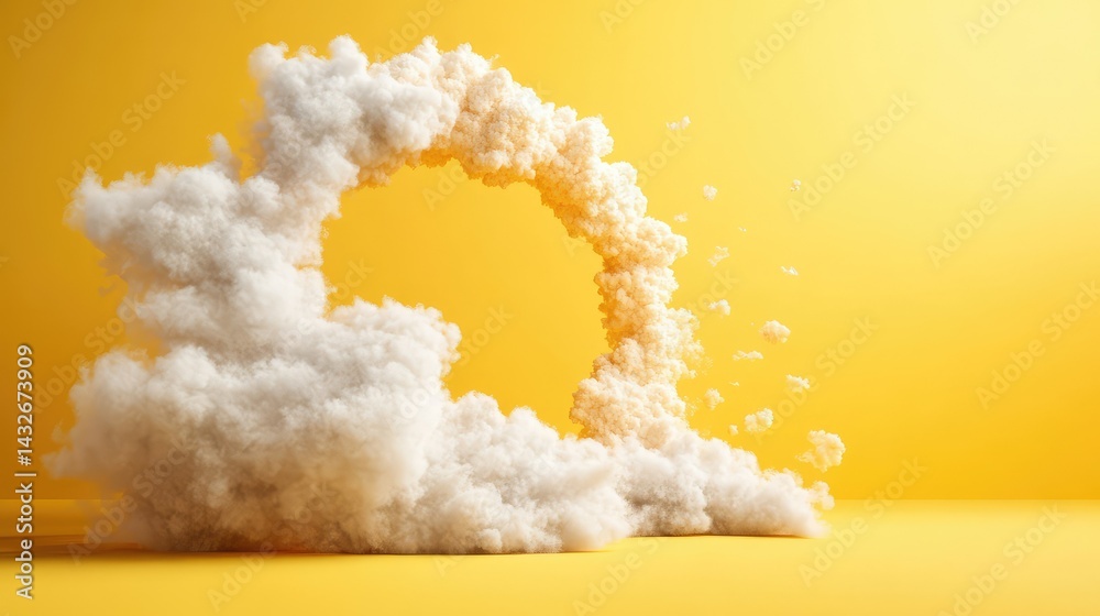 Poster minimal yellow background featuring dynamic tunnel and soft white clouds escaping