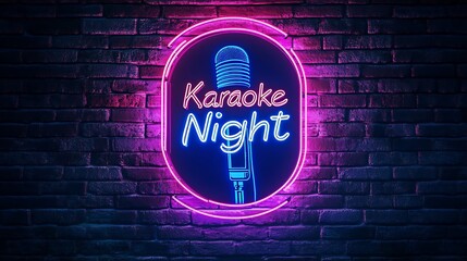 Neon sign for Karaoke Night with microphone icon on dark brick wall background, glowing pink and blue lights
