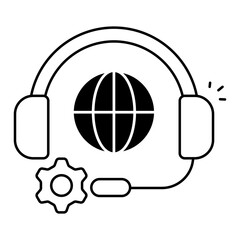 Global Customer Support. Headset with globe and gear symbolizing international tech support services
