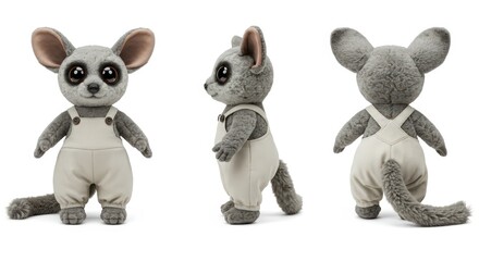 Naklejka premium Plush bushbaby toy displayed from multiple angles in a neutral setting