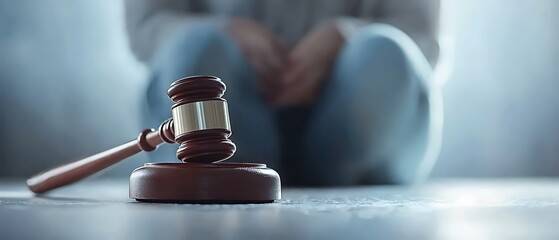 Gavel in front of a person sitting down with hands clasped on their knees