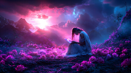 Woman Reading in a Magical Sunset Landscape