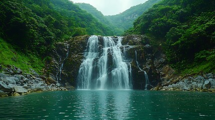 Obraz premium Lush Tropical Waterfall Cascading into a Green Pool