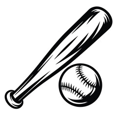 Baseball Bat and Ball Isolated, Black and White, Athletic, Sports Equipment, Outline