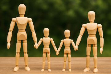 Obraz premium A family of wooden mannequins holding hands, symbolizing unity and togetherness in a nurturing environment. Ideal for concepts of family, love, and connection.