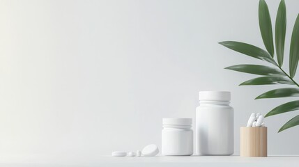White pills and plastic medicine bottles on a white background 