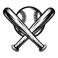 Black and White Baseball with Crossed Bats Sport Illustration, Isolated on White