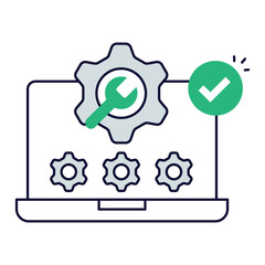 Verified Laptop Maintenance. Laptop with gears and checkmark icon for approved device servicing