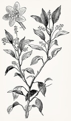 Cinnamomum camphora (Camphor Tree) with flower, detailed vintage botanical engraving. Antique stylized illustration.