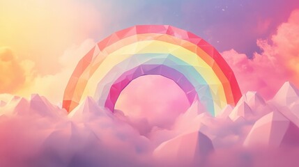 Fototapeta premium Geometric Rainbow Emerges from Ethereal Pastel Cloudscape with Crystal Formations