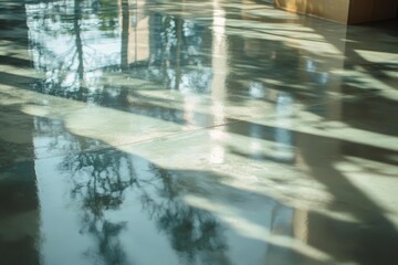 Reflective interior floor showcasing outdoor scenery.