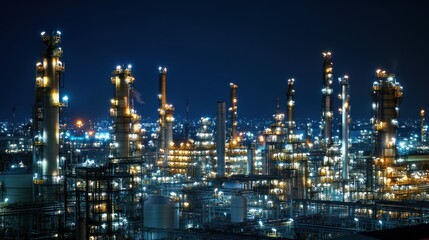 Oil refinery at night, illuminated by lights