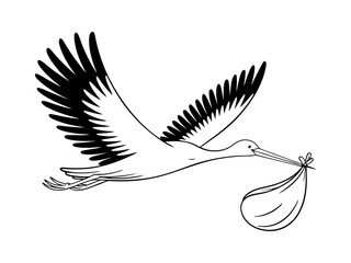 Flying stork carrying a baby bundle vector illustration