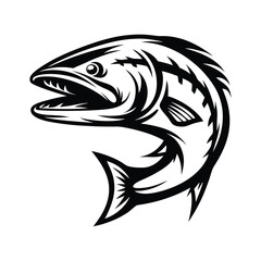 Fierce Fish, Black and White Silhouette. Swimming Fish with Open Mouth, Sharp Teeth