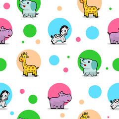 seamless pattern cute vector zoo animal elephant, zebra, hippopotamus, giraffe
