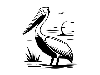 Pelican bird silhouette standing by the ocean  vector illustration

