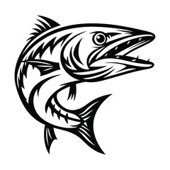 Barracuda Silhouette Black and White Fish with Open Mouth and Sharp Teeth Design