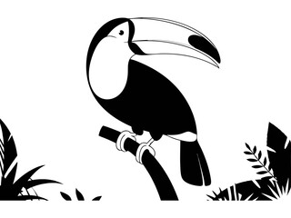 Toucan bird silhouette vector illustration perched on a tree branch