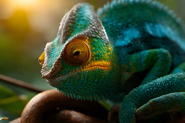 Fototapeta premium Vibrant chameleon resting on a branch Generative AI