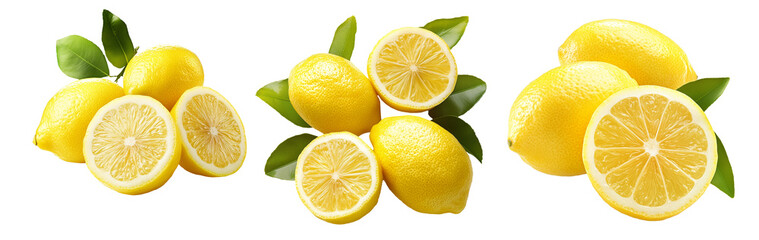 Set of yellow lemons with vibrant green leaves isolated on white transparent background, representing freshness and citrus fruits