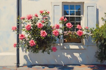 Naklejka premium Pink roses cascading down a whitewashed building exterior.