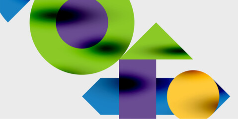 Obraz premium Abstract geometric shapes overlap. Vivid colors blend, creating gradients. Composition feels modern, dynamic, playful.