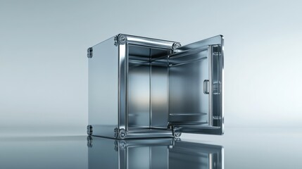 Empty metal safe with the door half open, 3D render with white background and perfect reflections