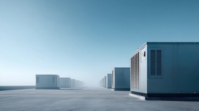 Sleek air filtration units lined up in minimalist setting, enhan