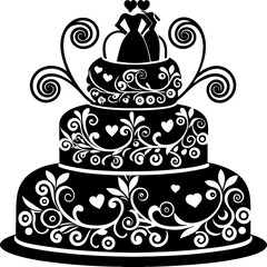 A silhouette of a beautifully decorated wedding cake, featuring intricate details such as delicate floral patterns, elegant swirls, and decorative layers