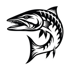 Stylized Black Barracuda with Open Mouth and Sharp Teeth in a Circular Design