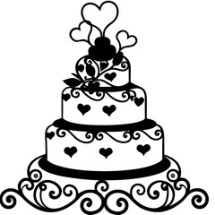 A silhouette of a beautifully decorated wedding cake, featuring intricate details such as delicate floral patterns, elegant swirls, and decorative layers