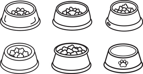 set of dog food bowl line art, black outline, vector and illustration, coloring book page line art drawing