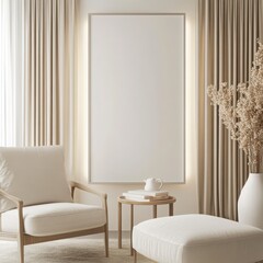 Beige Minimalist Living Room Interior Design Mockup with Empty Frame using Neutral Colors and Natural Light for a Calm and Serene Atmosphere