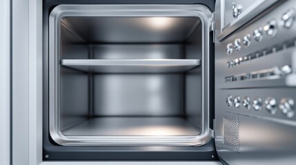 Obraz premium Half-open door on a metal safe showing an empty interior, 3D render with realistic lighting, white background 