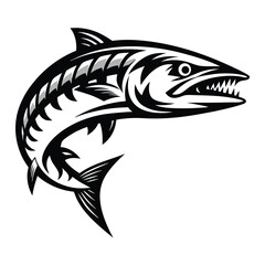 Barracuda Fish Silhouette with Open Mouth and Sharp Teeth on Isolated White Backdrop