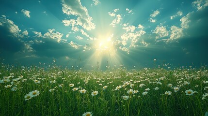 Obraz premium Sunbeams Illuminate a Serene Daisy Field Under a Dramatic Sky