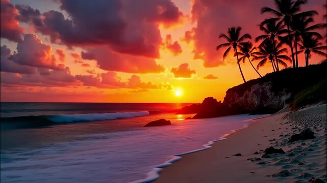 A red sunset on the paradisiacal ocean coast with tropical palm trees and waves of surf. Banner for a travel agency, burning tour, a vacation tour in hotel.