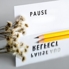Naklejka premium Pause card with pencil and flowers on white background