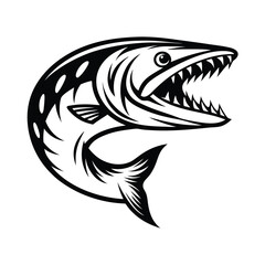 Monochrome Barracuda Silhouette with Open Mouth and Sharp Teeth, Abstract Design