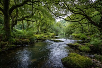 Serene River Flowing Through Lush Green Forest