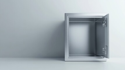 Half-open metal safe with an empty interior, 3D render, clean white background 