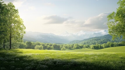 Naklejka premium A mountain landscape with green grass.