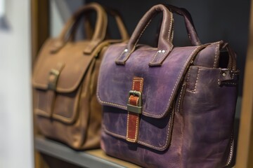 Two stylish leather bags displayed on store shelves.